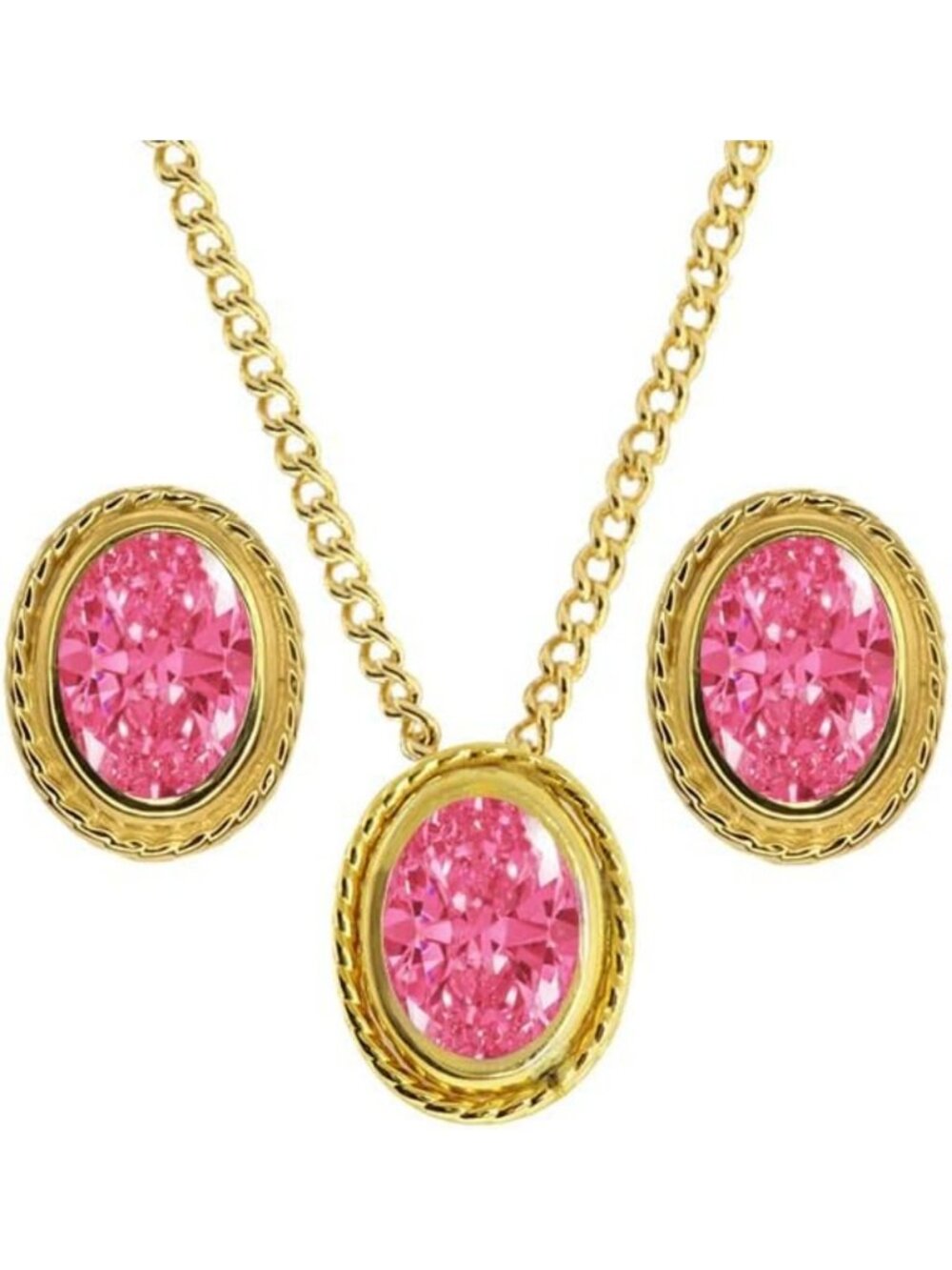 Elegant Pink Gemstone Jewelry Set - 18K Gold Plated Pendant & Earrings with